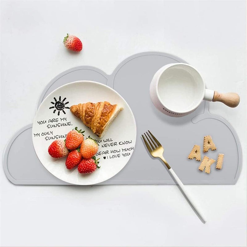 Kids Place Mats, Silicone Cloud Shape Table Placemats 48 × 27cm Baby Feeding Plate, Anti Slip Heat Proof Stain Resistant Washable Toddler Tablemat, Portable Tableware, Grey And Pink, Set of 2 - Image 4